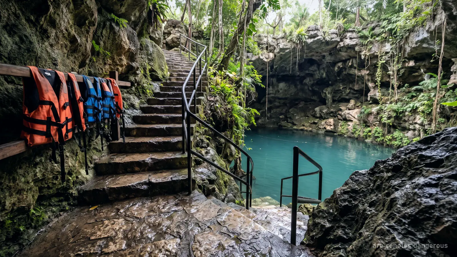 Wet stone steps with a handrail down into a cenote and life jackets on a rail