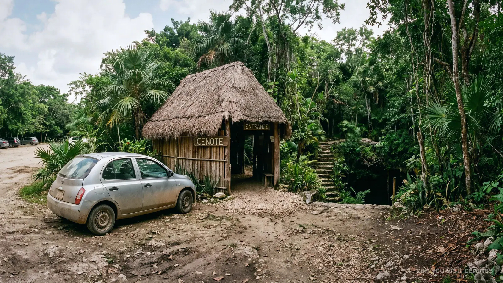 A small car parked beside a rustic palm-roofed hut at a cenote entrance