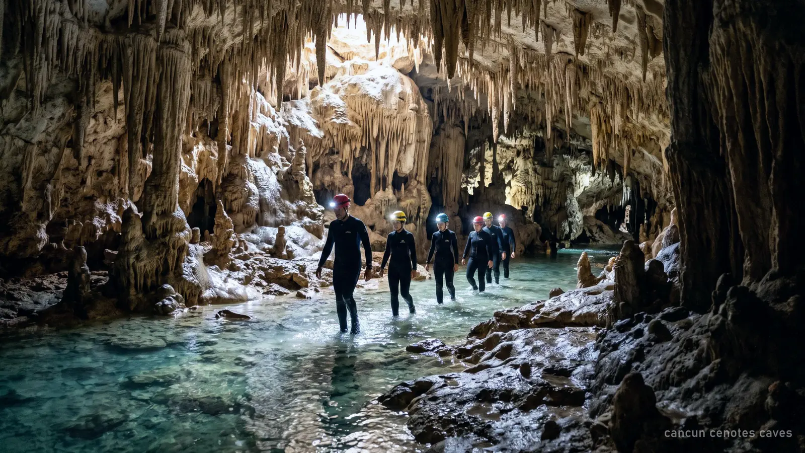 Visitors in wetsuits and helmets wading through an underground river cave with stalactites