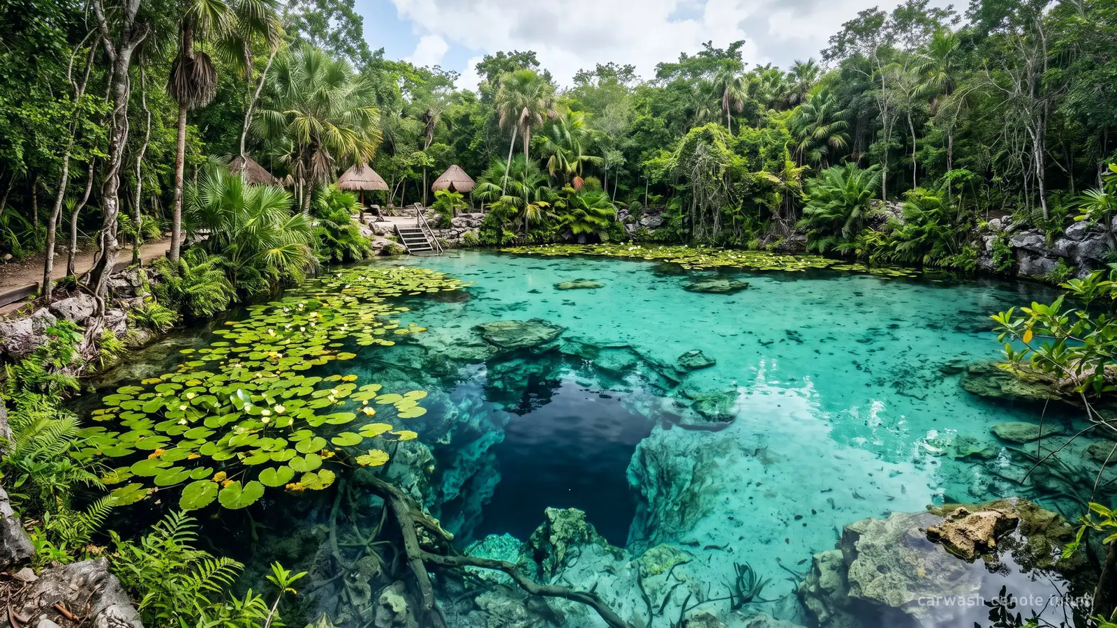 An open pond-like cenote with lily pads and a dark cavern entrance under the water