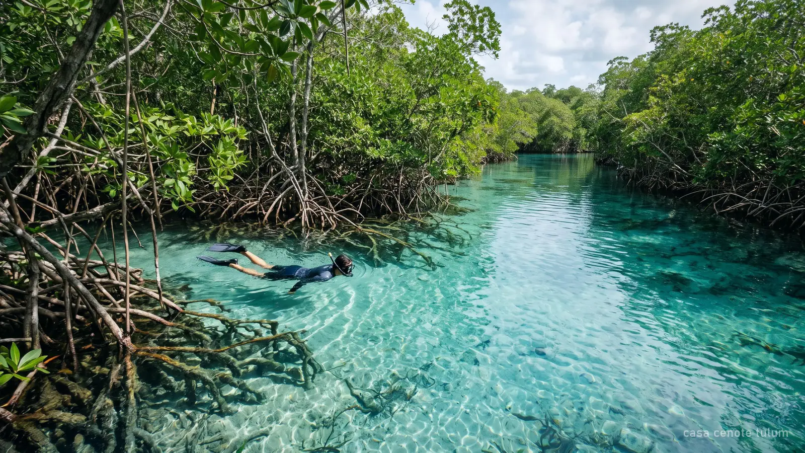 A narrow open cenote lined with mangroves and a snorkeller among the roots