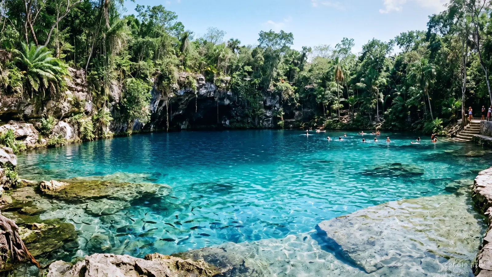 A wide open cenote with shallow and deep blue water and swimmers in the distance