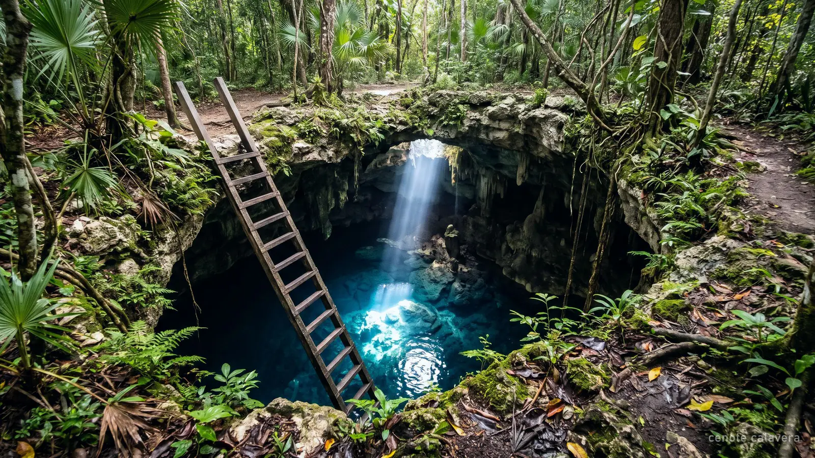 A small round opening in the rock with a ladder down into a dark cenote