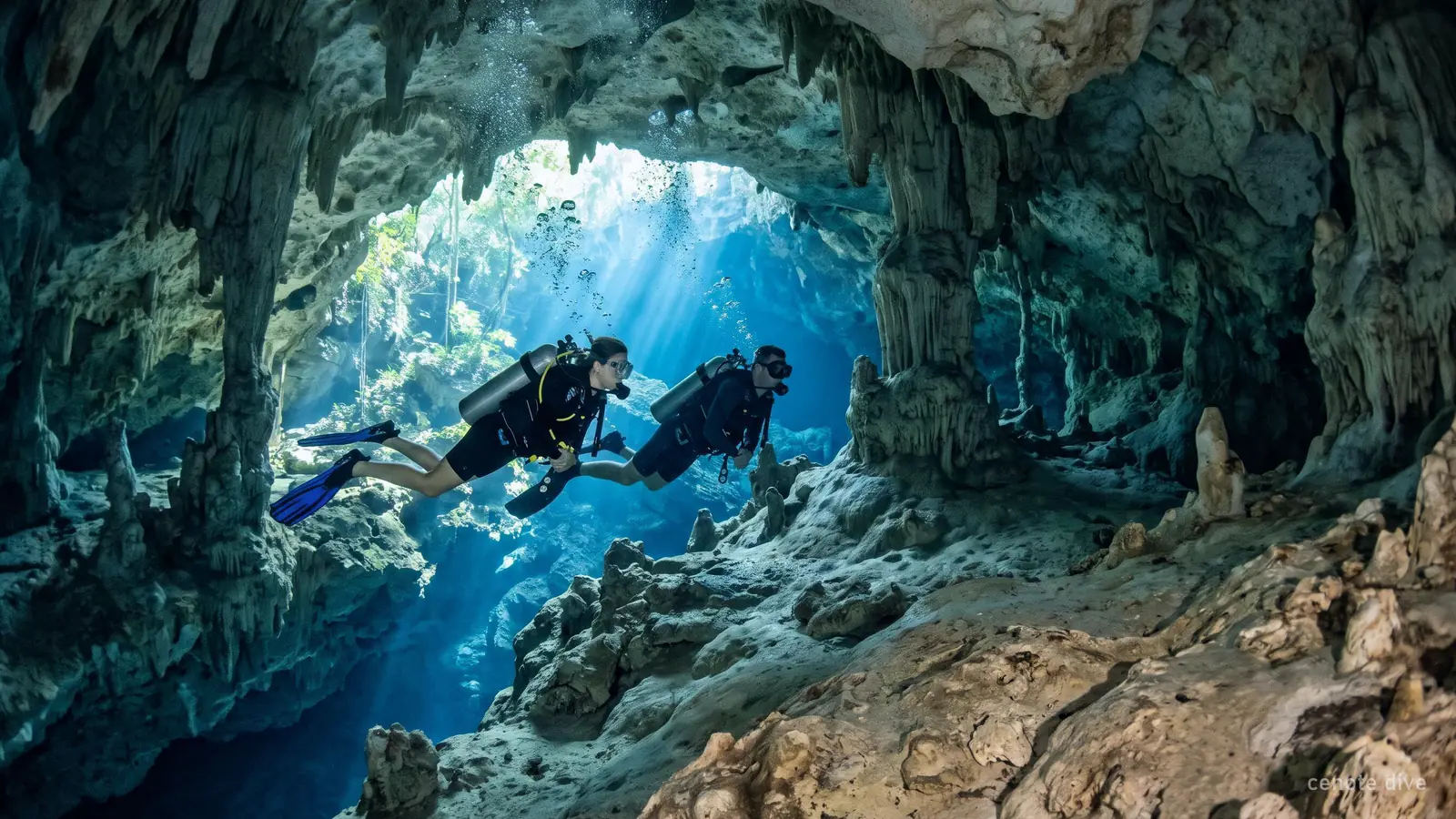 Two divers in an underwater cavern lit by daylight from the entrance