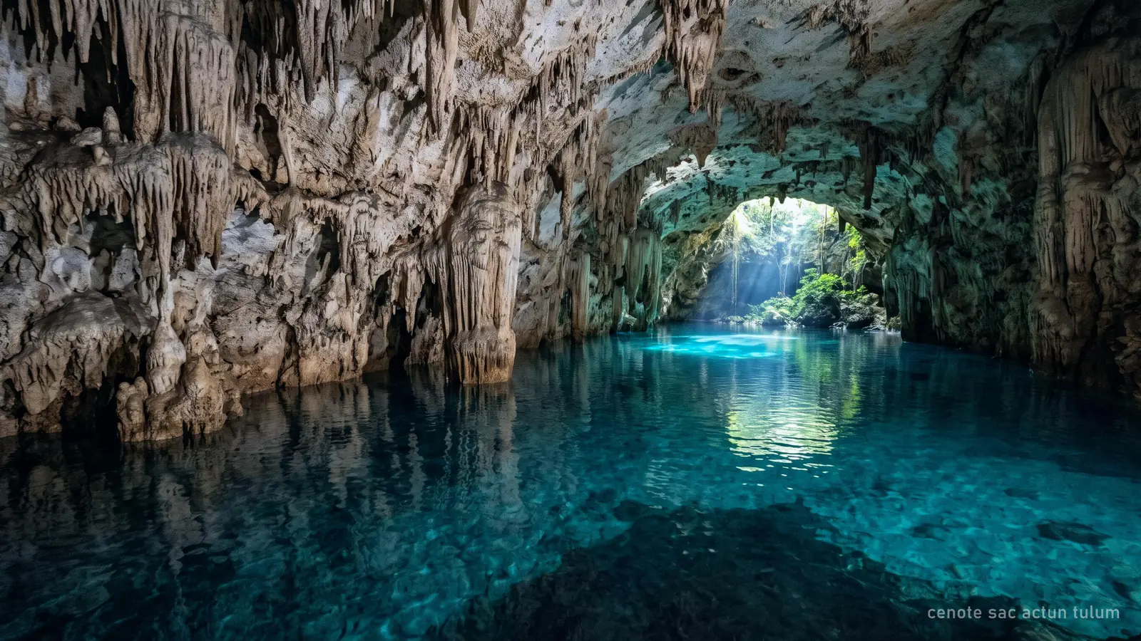 An underwater cave passage with stalactites and light from a distant opening