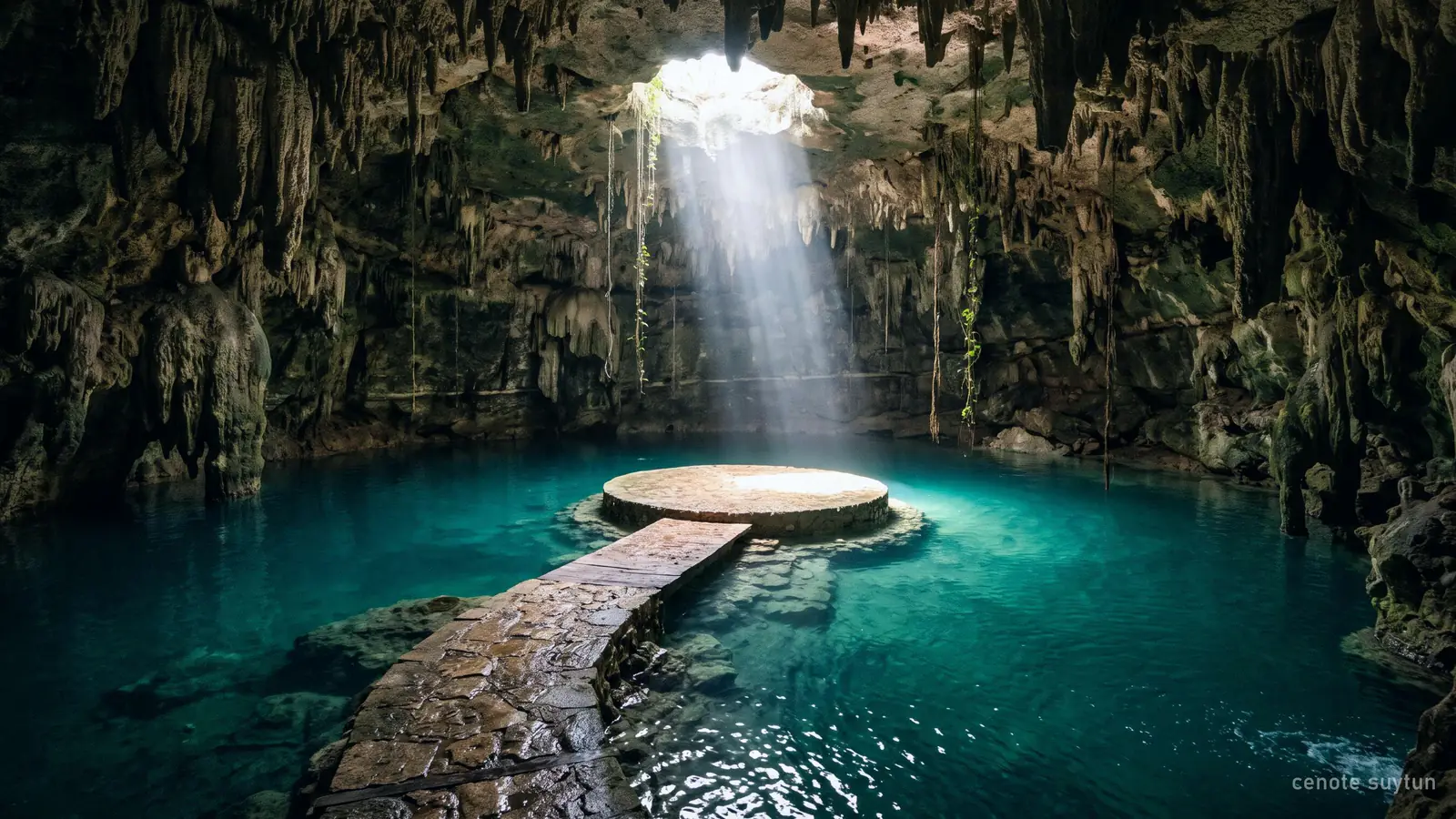 A cave cenote with a stone walkway to a round platform lit by a beam from the ceiling