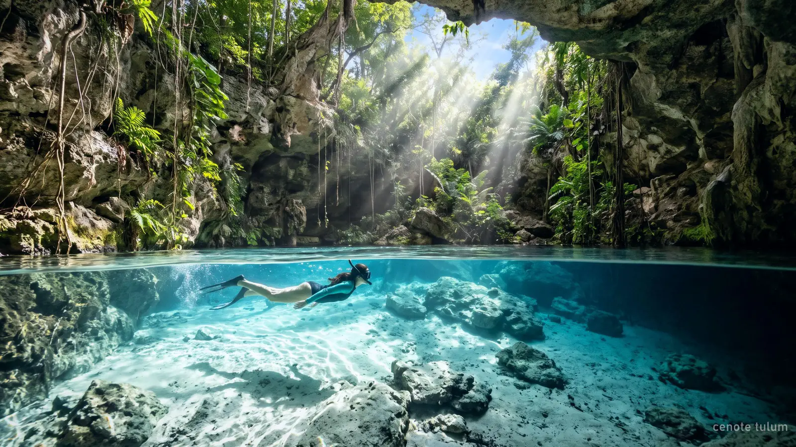 A semi-open cenote with clear pale-blue water and a snorkeller under a jungle opening