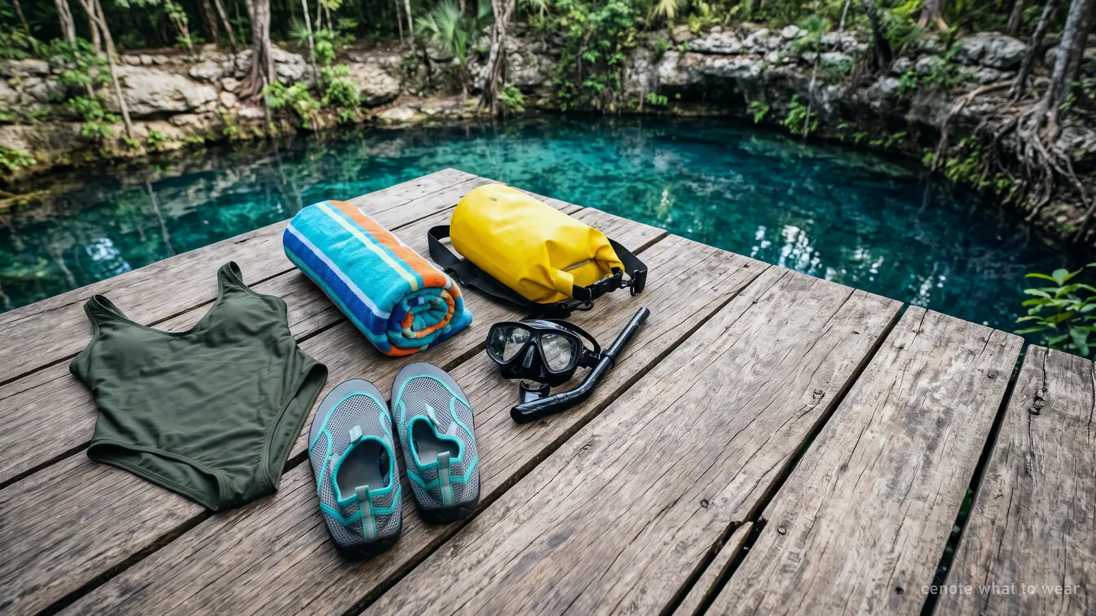 Swimsuit, water shoes, dry bag, towel and snorkel mask laid out by a cenote