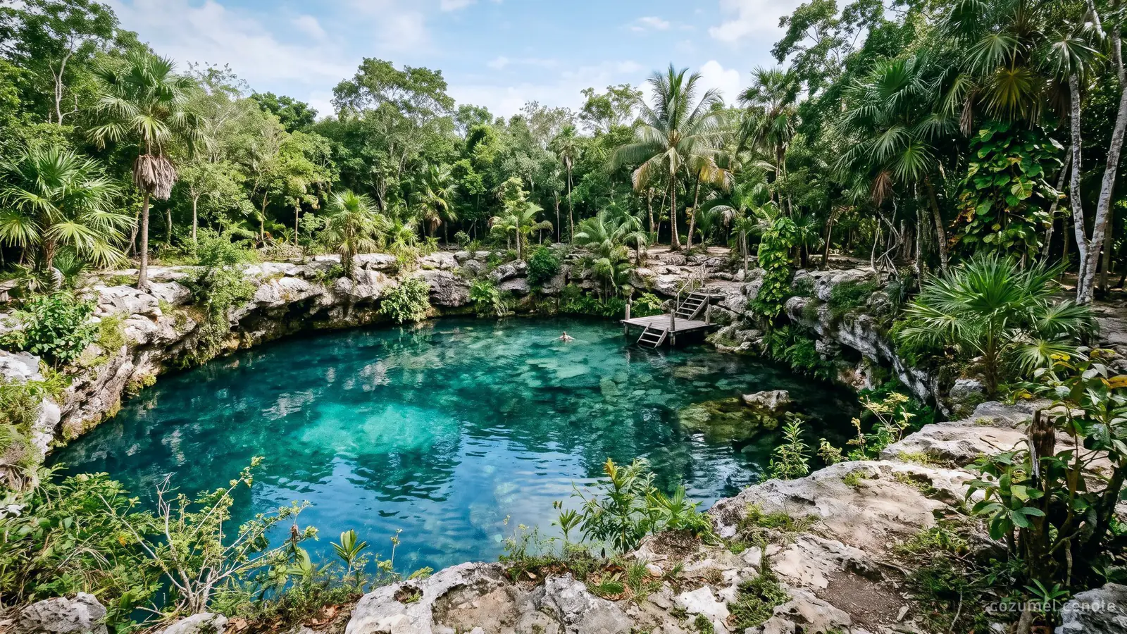 A small cenote in a limestone hollow among palms and low scrub