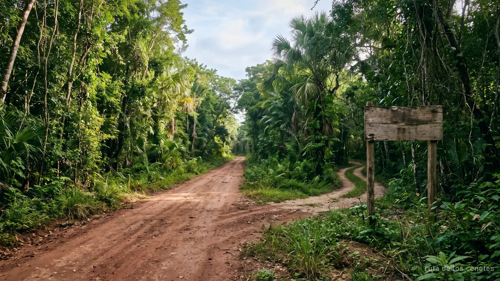 A jungle road with a dirt turn-off and a plain roadside sign in thick forest