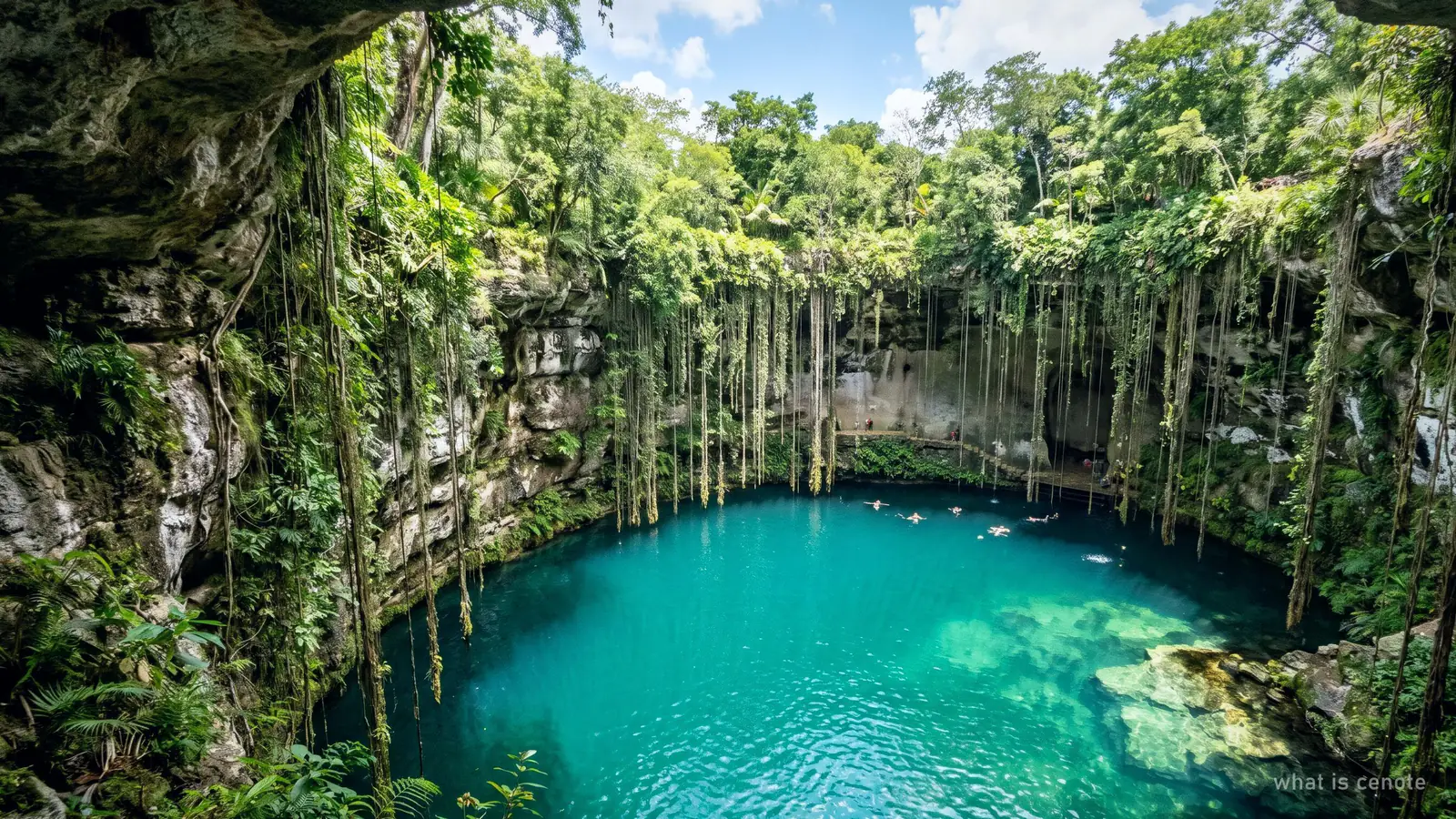 A round open cenote with sheer limestone walls, hanging vines and turquoise water