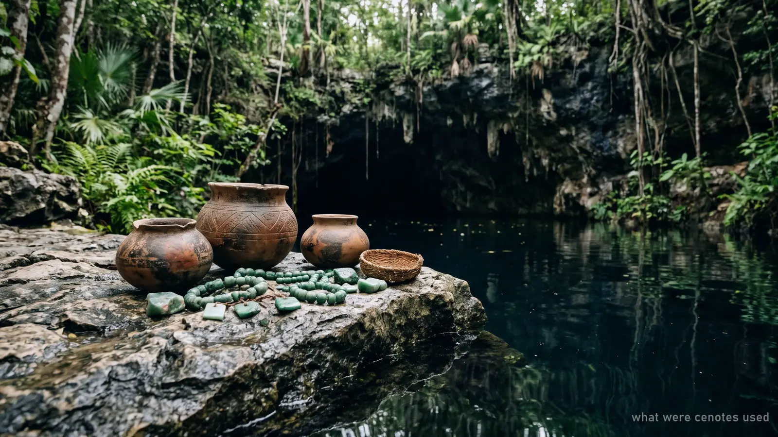 Clay pots and jade beads on limestone at the edge of dark cenote water