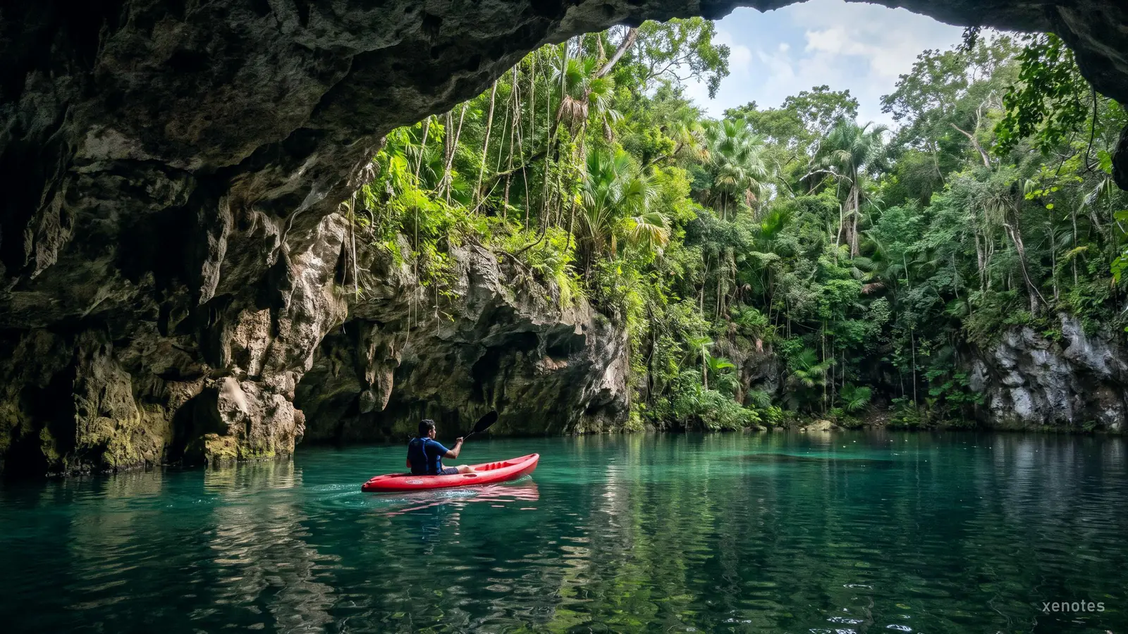 A kayak crossing a semi-open cenote under a limestone overhang
